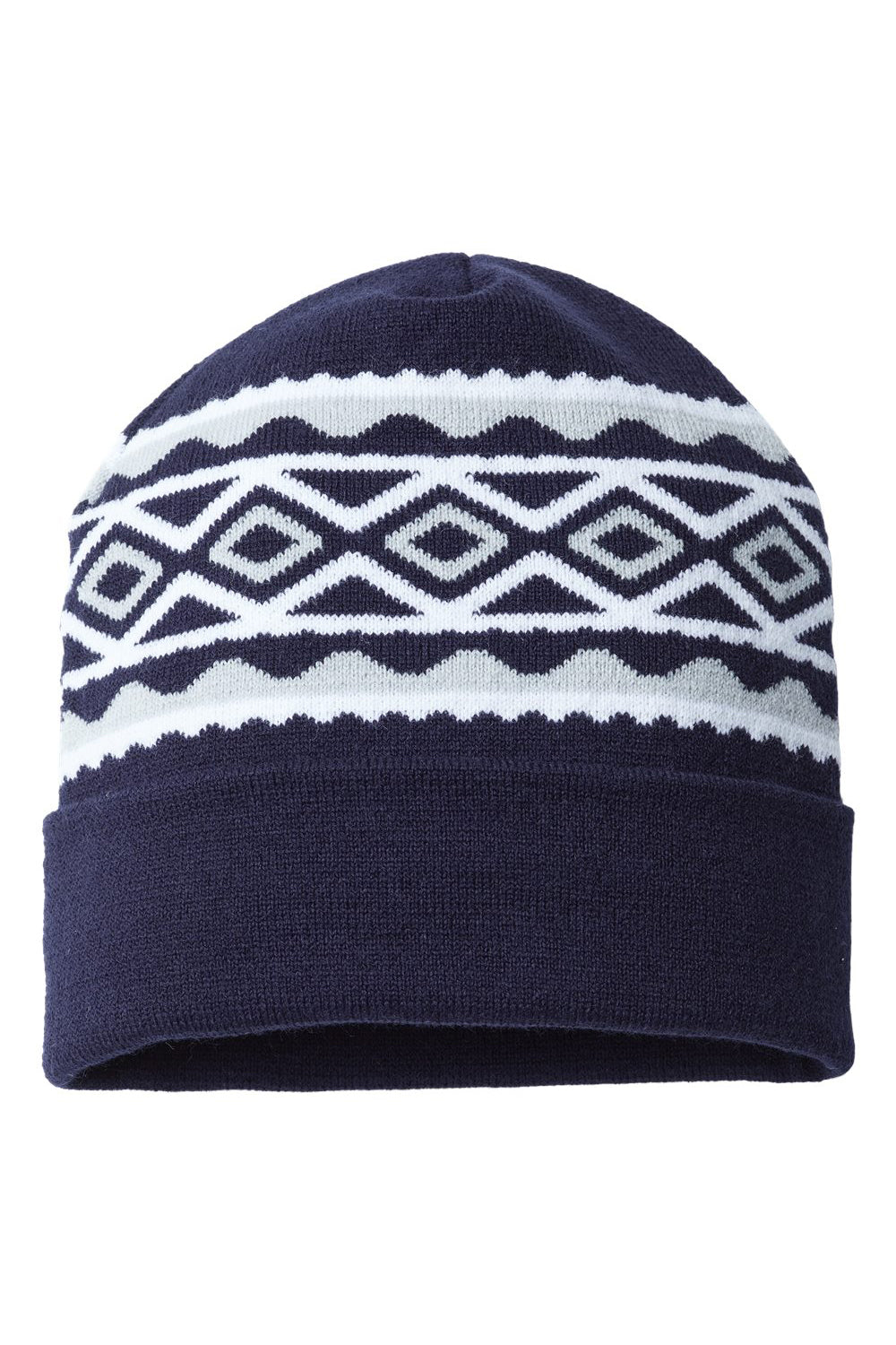 Cap America Mens USA Made Diamond Cuffed Beanie - True Navy Blue/Silver Grey - NEW