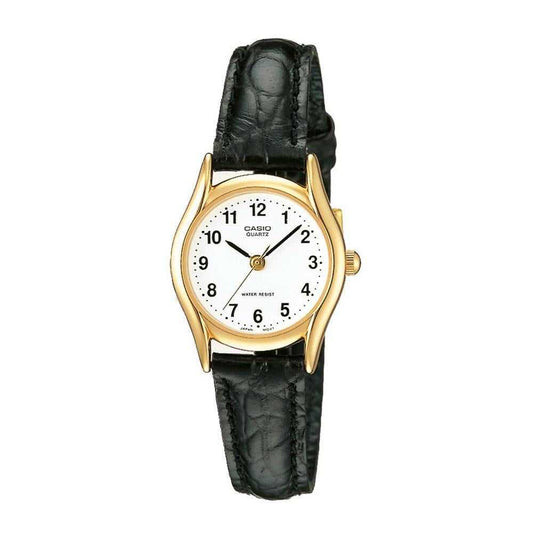 CASIO GENERAL LTP-1094Q-7B1RDF QUARTZ GOLD STAINLESS STEEL BLACK LEATHER STRAP WOMEN'S WATCH