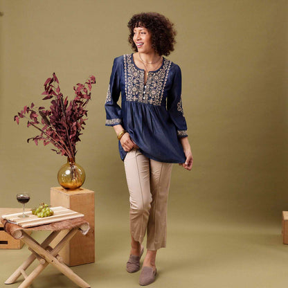 Denim Tencel Tunic with Tan Embroidery