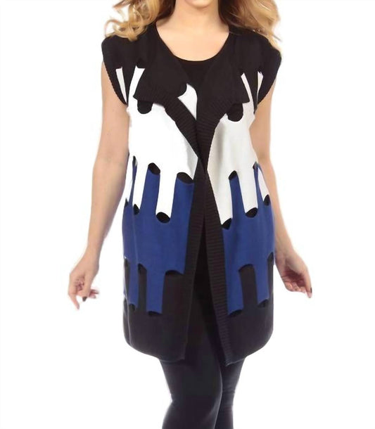 Graphic Long Vest In Black/cobalt