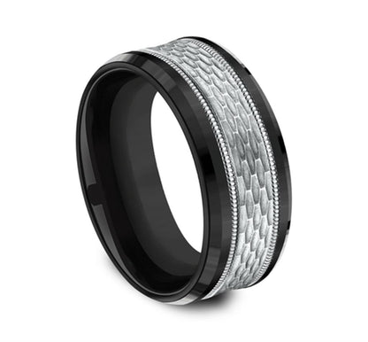 Black Titanium And 14K White Gold ‘The Athlete’ Mesh Pattern 9mm Wedding Band