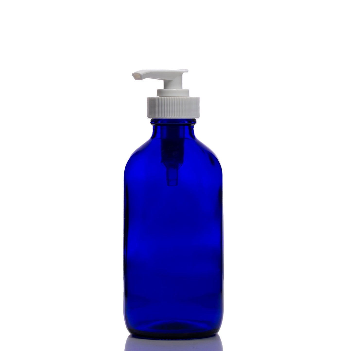 8 oz Blue Glass Boston Round Bottle with 28-400 White Saddle Pump