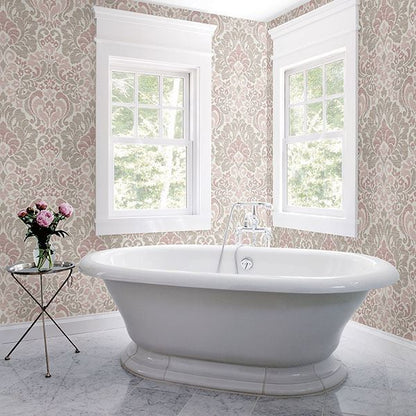 Garden of Eden Damask Wallpaper in Pink from the Celadon Collection