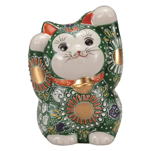 Kutani Ware Porcelain Maneki Neko Figurine Flowers Green 4-Go