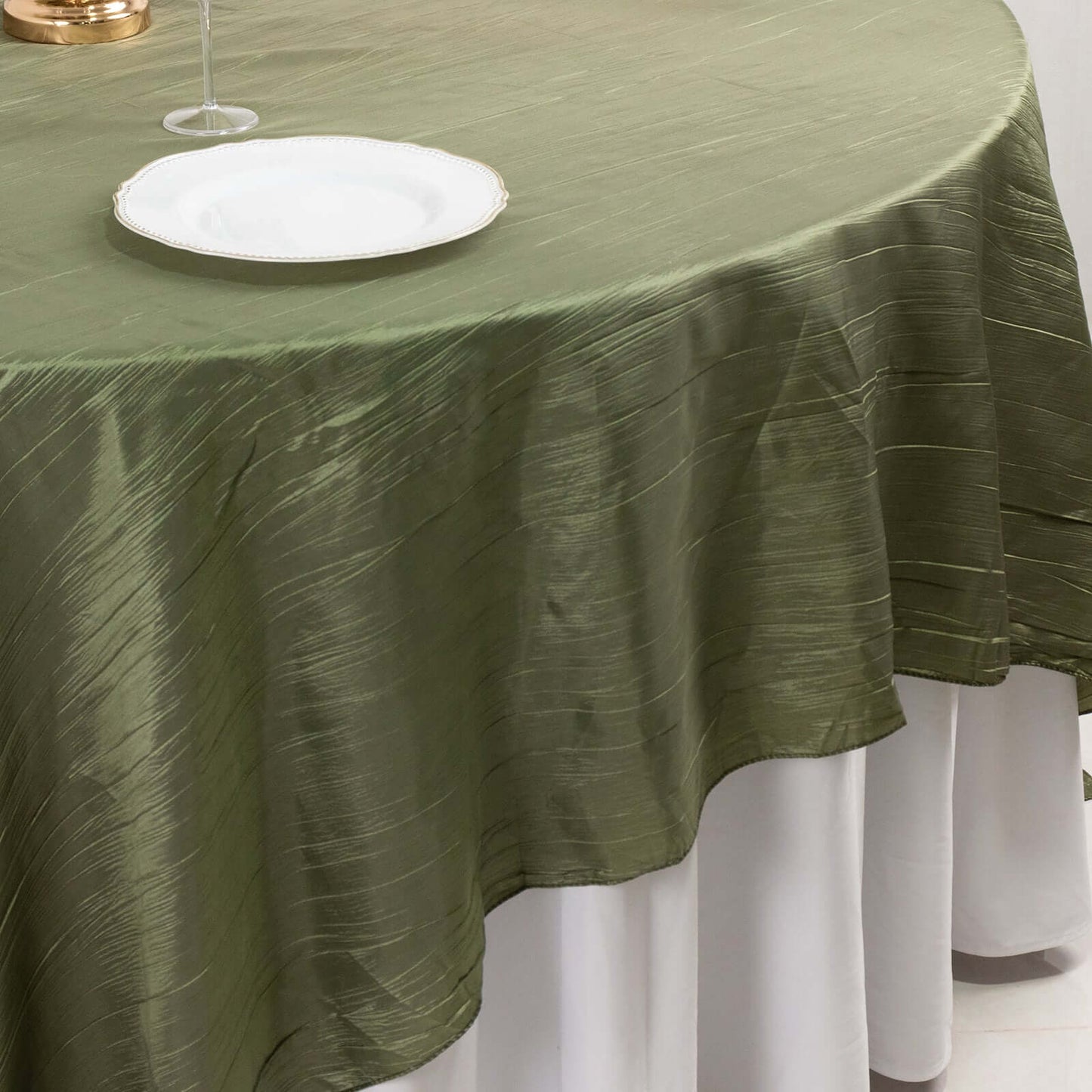 Dusty Sage Green Accordion Crinkle Taffeta Square Table Overlay 90"x90"