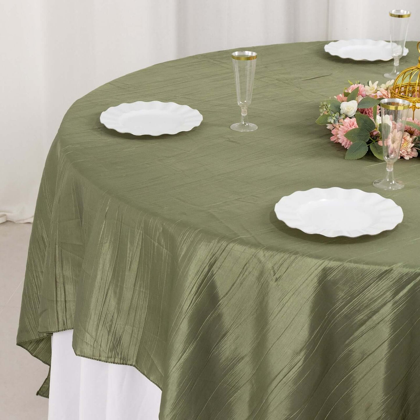 Dusty Sage Green Accordion Crinkle Taffeta Square Table Overlay 90"x90"