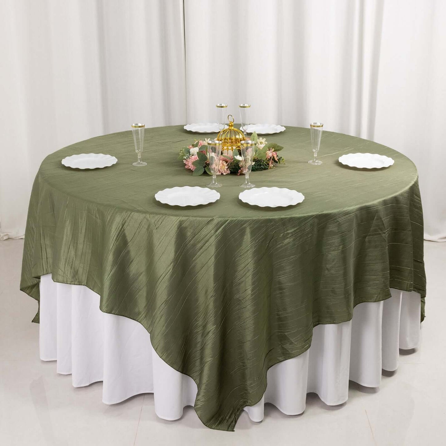 Dusty Sage Green Accordion Crinkle Taffeta Square Table Overlay 90"x90"