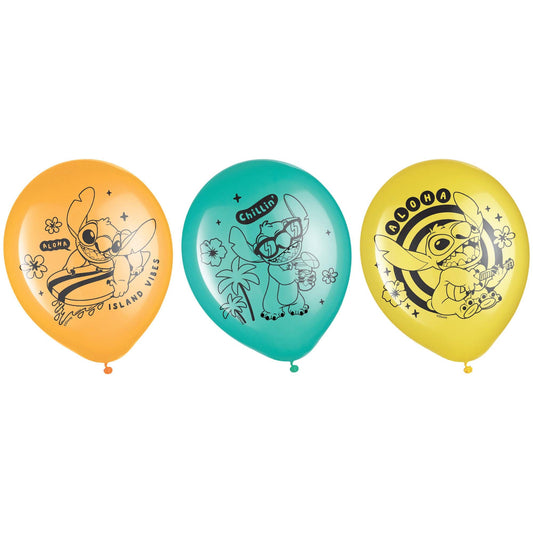 Disney Stitch Printed Latex Balloons, Blue, Orange and Yellow, 12 Inches, 6 Count