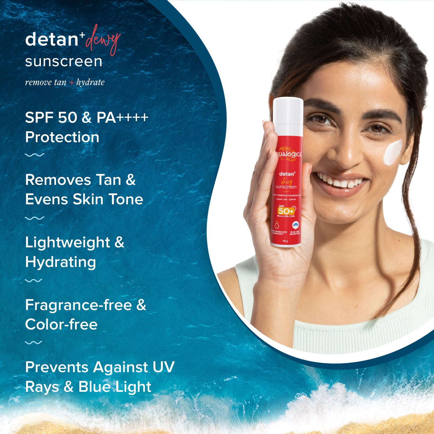 FREEBIE | Detan+ Dewy Sunscreen with SPF 50+ & PA++++ for UVA/B & Blue Light Protection & No White Cast - 50g