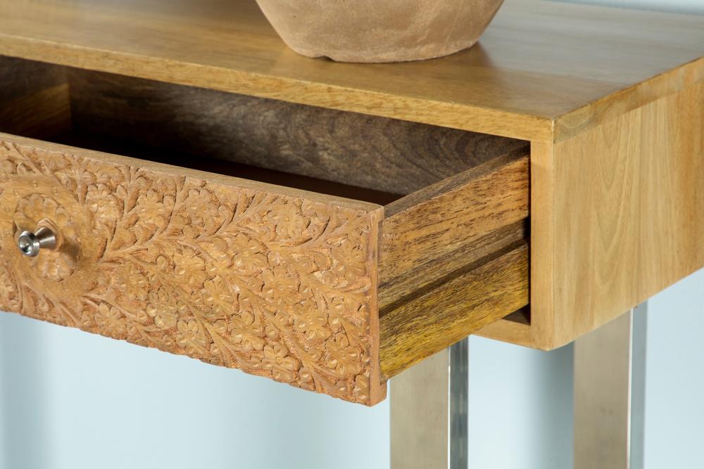 Draco Natural Console Table with Hand Carved Drawers