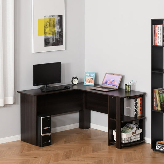 L - Shaped Computer Writing Desk with 2 Shelves- Black