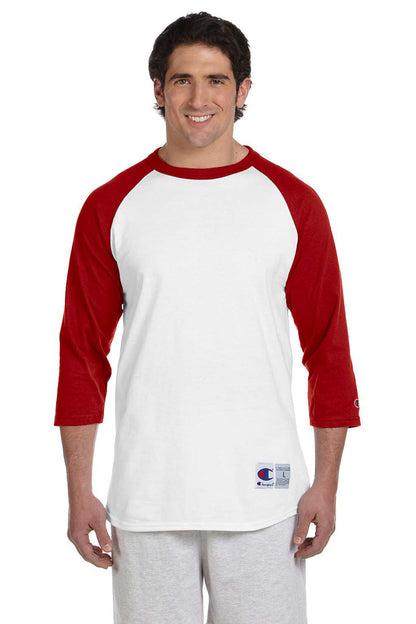 Champion Mens 3/4 Sleeve Crewneck T-Shirt - White/Scarlet Red