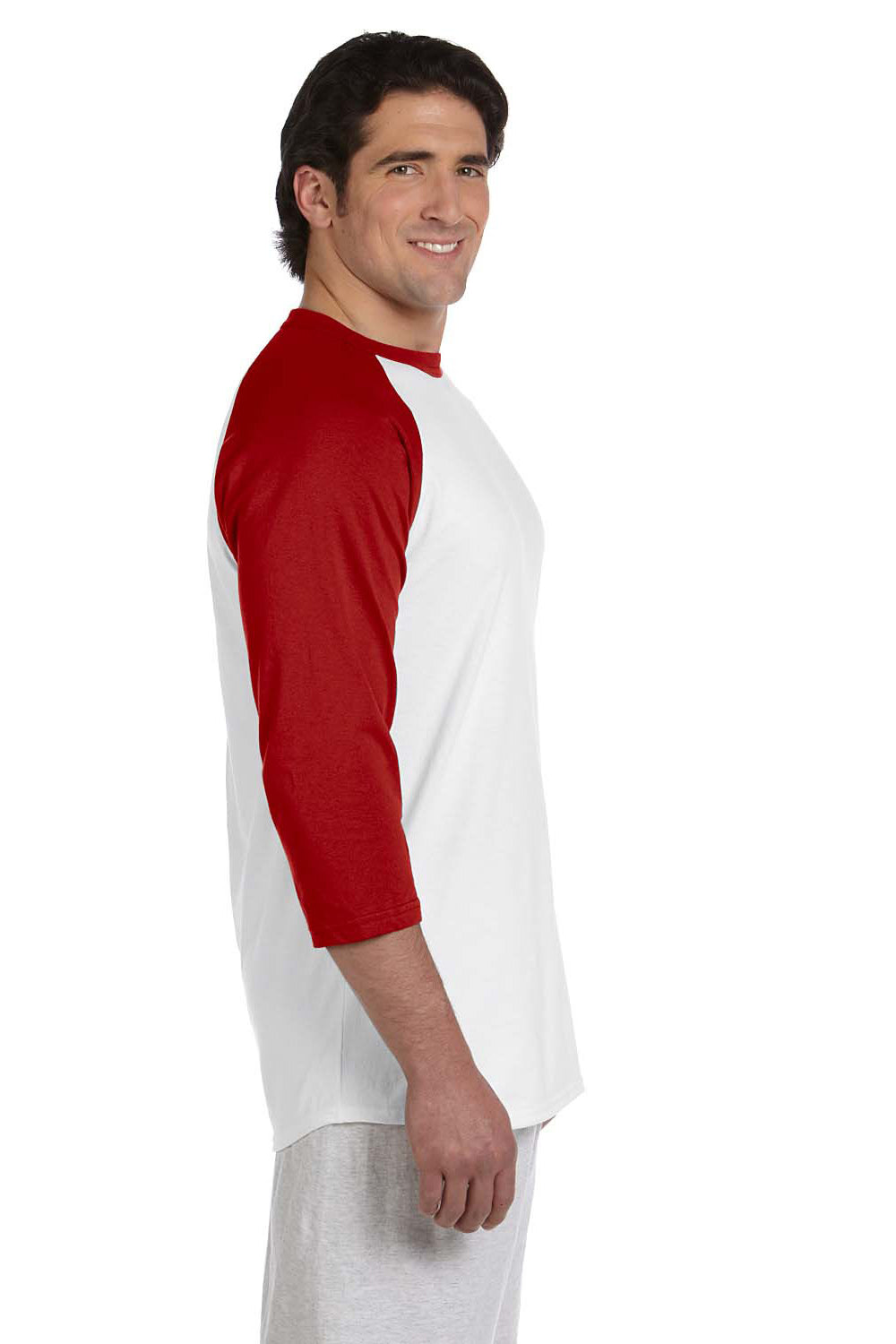 Champion Mens 3/4 Sleeve Crewneck T-Shirt - White/Scarlet Red